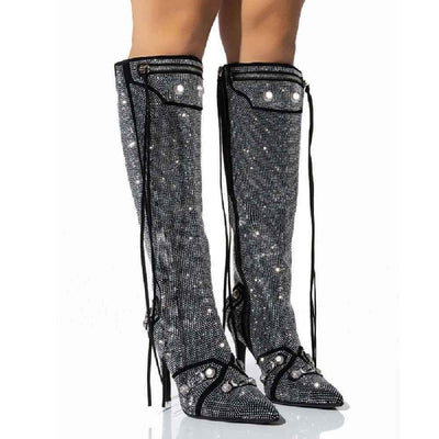 Oversized Boots - Needle Buckle Rhinestone Style