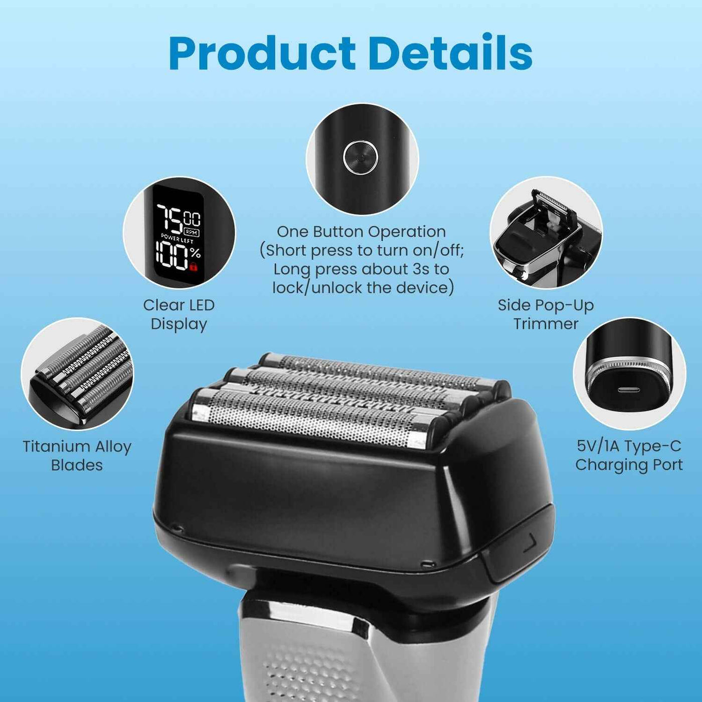 Electric Foil Face Shaver 5-Blade Electric Razor For Men Wet & Dry Jawline Beard Trimmer Precision Sideburn Shavers IPX6