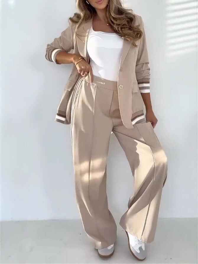 2 Pcs Set Women Suit Coat Pants Suit Lapel Long Sleeves Lady Jacket Wide Leg High Waist Trousers Female Commuting Office Outfit