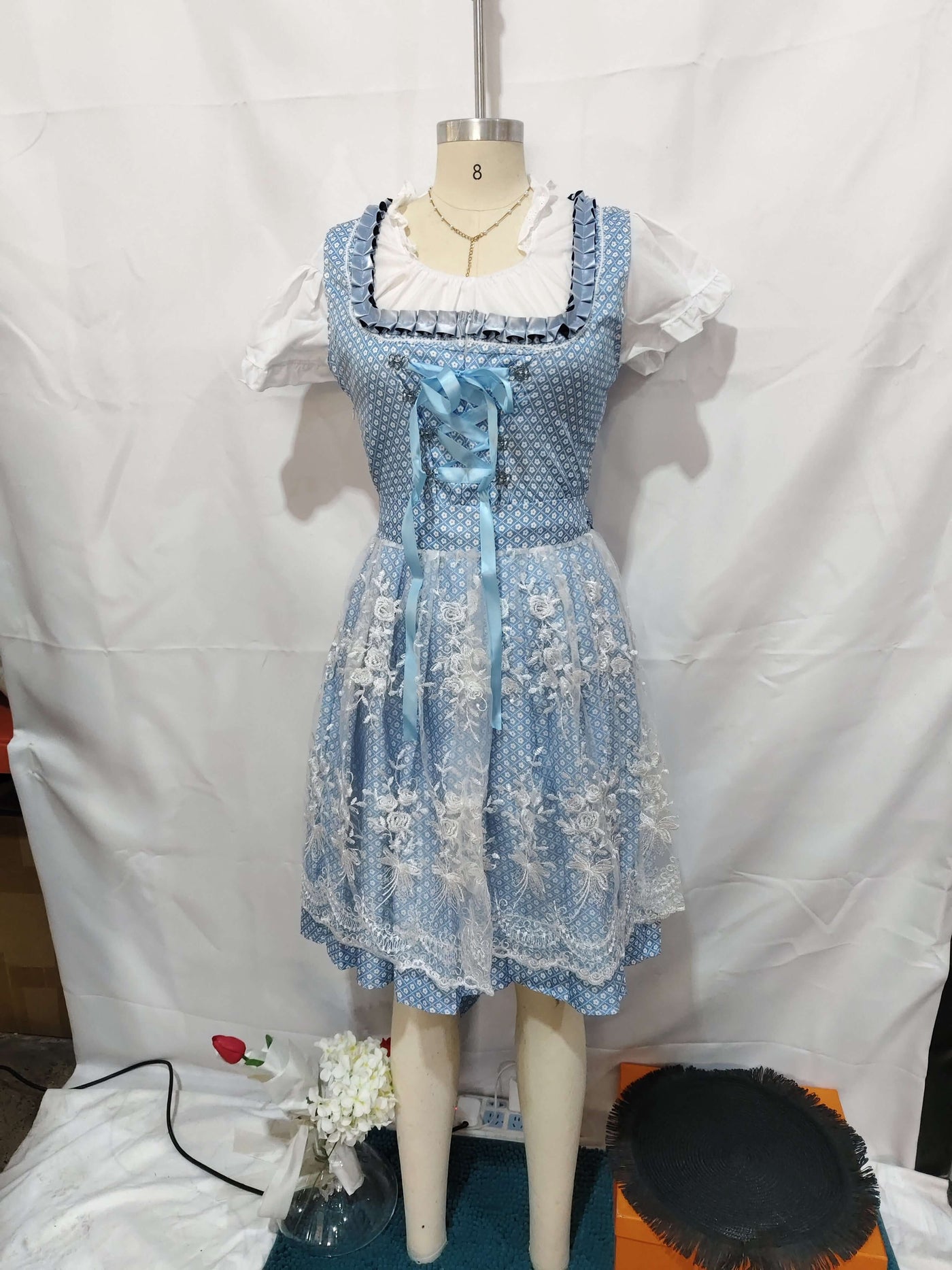 Halloween Munich Beer Long Short-sleeved Printed Lace-up Dress displayed on mannequin in blue with lace details.