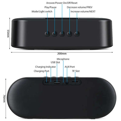 Wireless bluetooth speaker showcasing button controls and connection ports for USB and TF card.