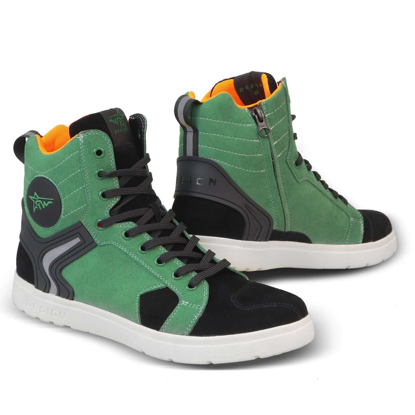 Protection Wear Motorcycle Long And Short Shoes in green and black design, stylish and comfortable for riding.