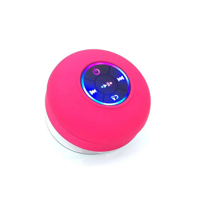 Big Suction Cup Waterproof Bluetooth Speaker LED Light Emitting in pink color with control buttons on top.