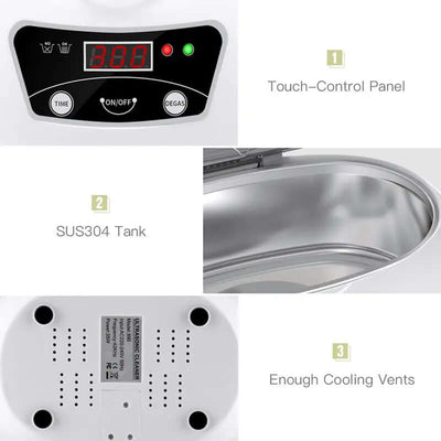 Ultrasonic cleaning machine for home detailed view showing touch control panel, SUS304 tank, and cooling vents.