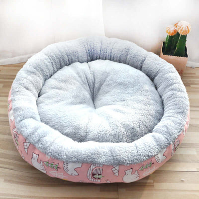 Dog And Cat Litter Padded With Round Cotton in round plush bed, gray center and cartoon pattern edges.