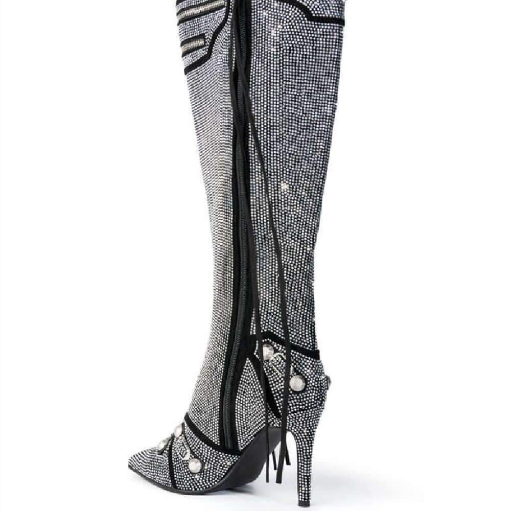 Needle Buckle Rhinestone Oversized Boots showcasing a sleek design with pointed toe and slim heel, perfect for fashion enthusiasts.