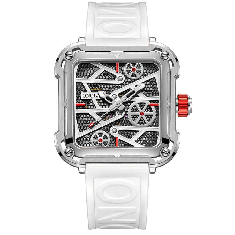 Fashion Mens Watch ONOLA Hollow Full Automatic Luxury Watches Men in silver and white design with red details.