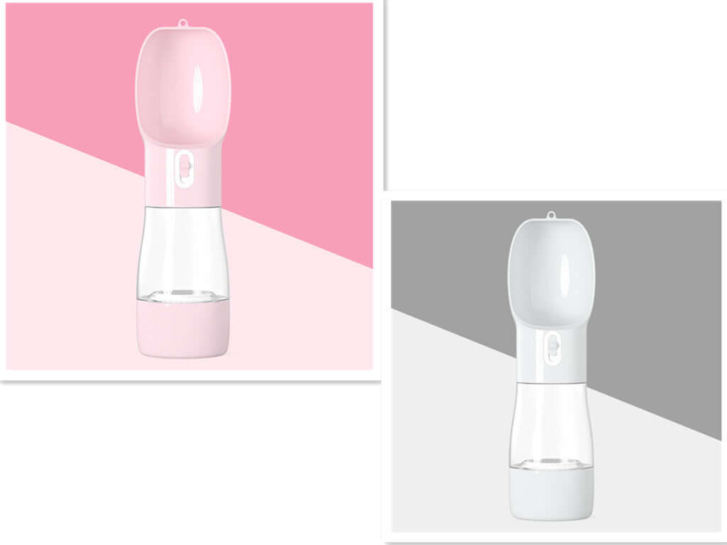 Traveling Out Portable Dog Water Dispenser in pink and white colors for pets on-the-go.