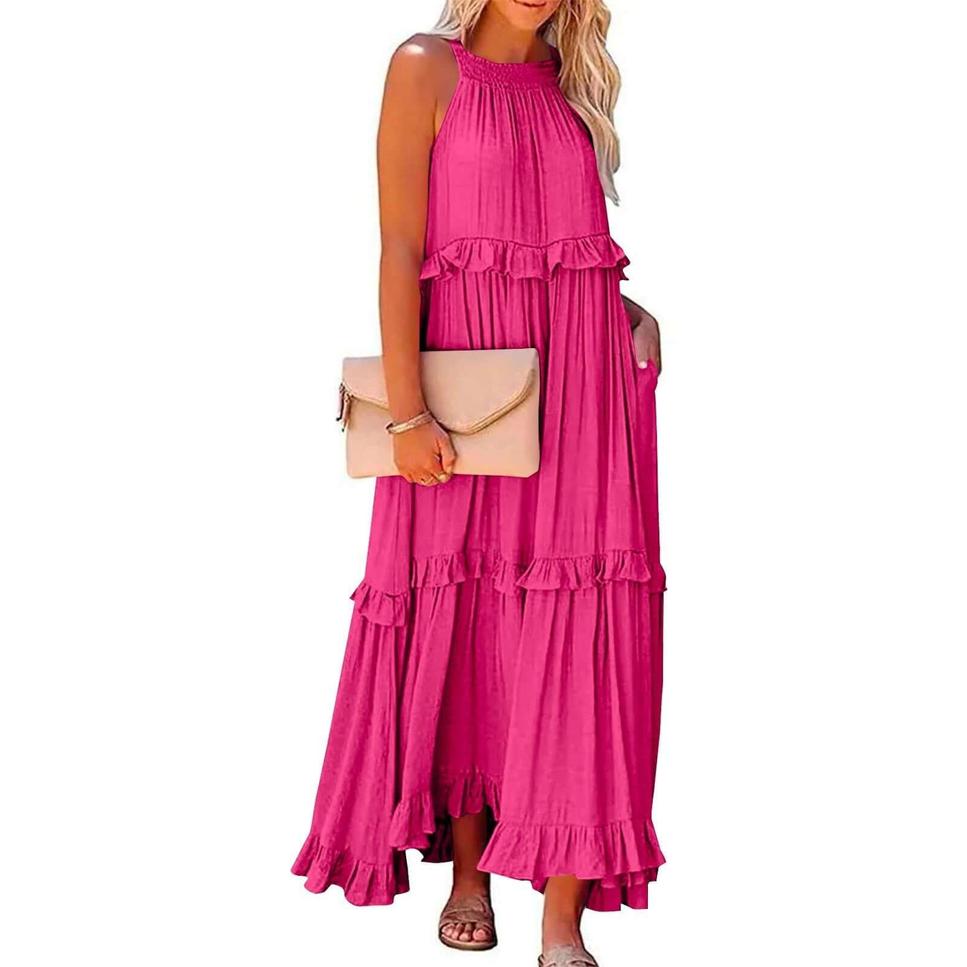 Summer Vacation Style Halter Neck Long Dresses Women Fashion Backless Leace-up Loose Ruffles Beach Dress Elegant Ladies Vestidos in pink.