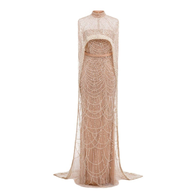 Pearl Embroidery Material Evening Party Dress featuring a sleeveless design and elegant bead detailing.