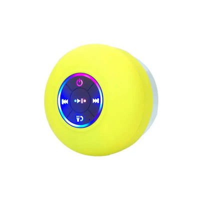 Big Suction Cup Waterproof Bluetooth Speaker LED Light Emitting in vibrant yellow color with control interface.