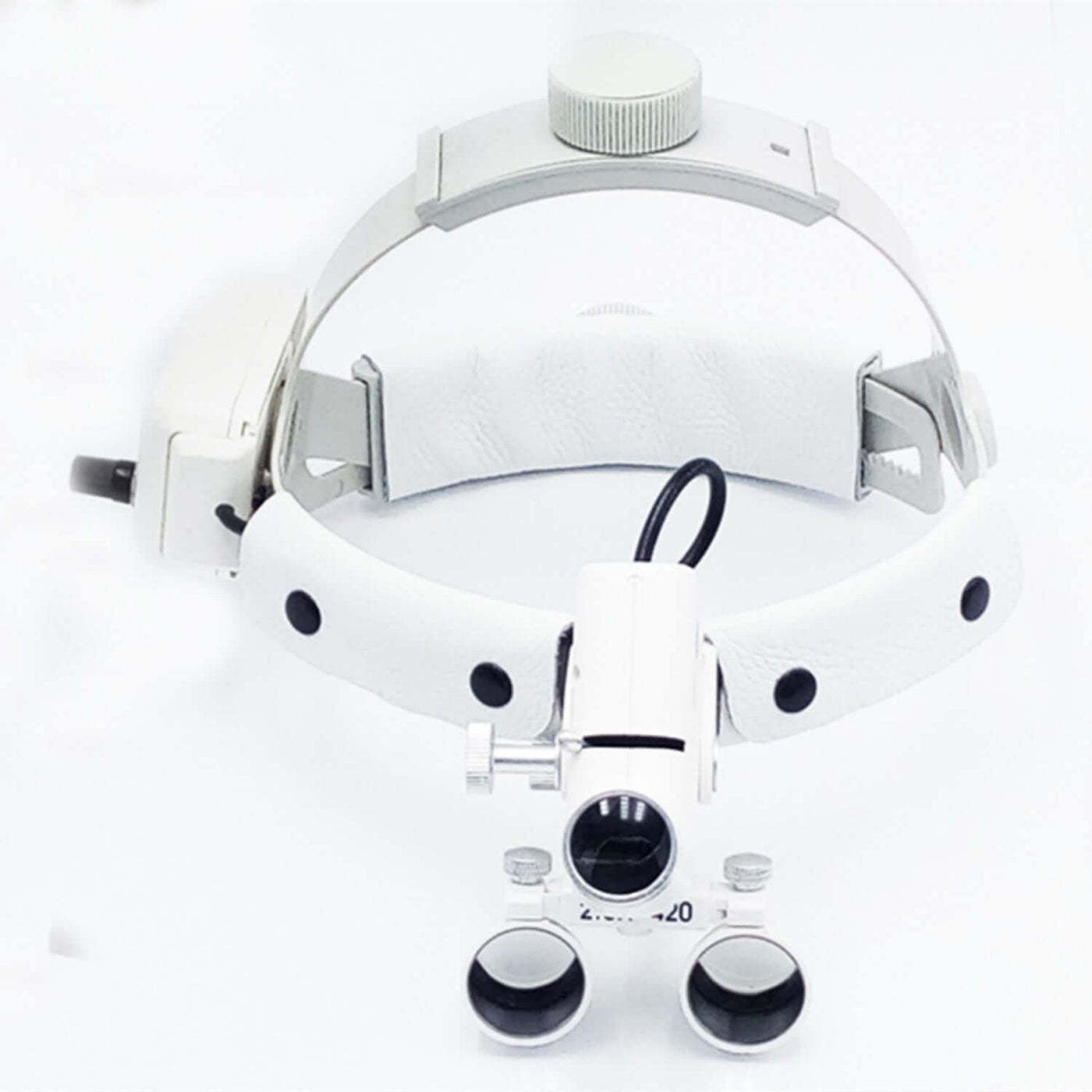 Head-mounted Medical Magnifying Lens LED Spotlight with white adjustable headband and magnifying glasses.
