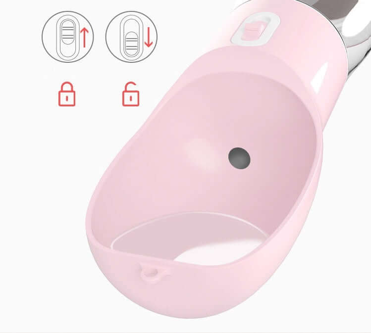 Close-up of the Traveling Out Portable Dog Water Dispenser showing the dispensing mechanism and locking features.