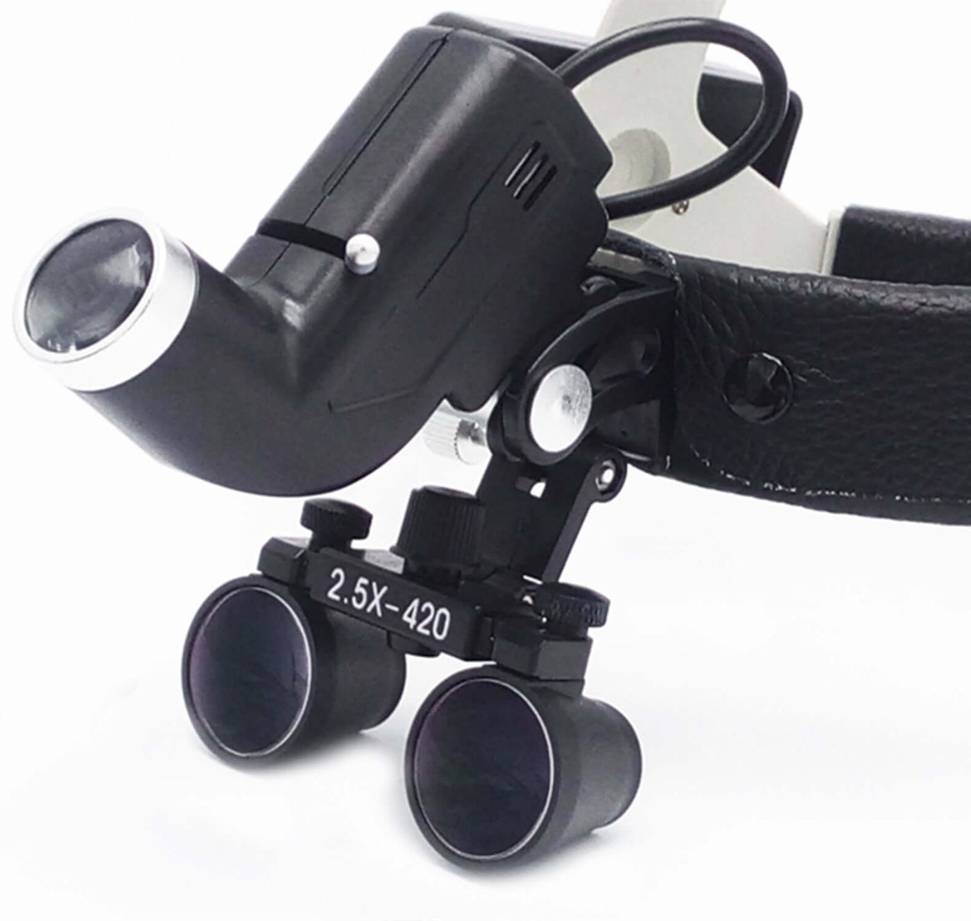 Head-mounted Medical Magnifying Lens LED Spotlight with 2.5x magnification and adjustable LED light.