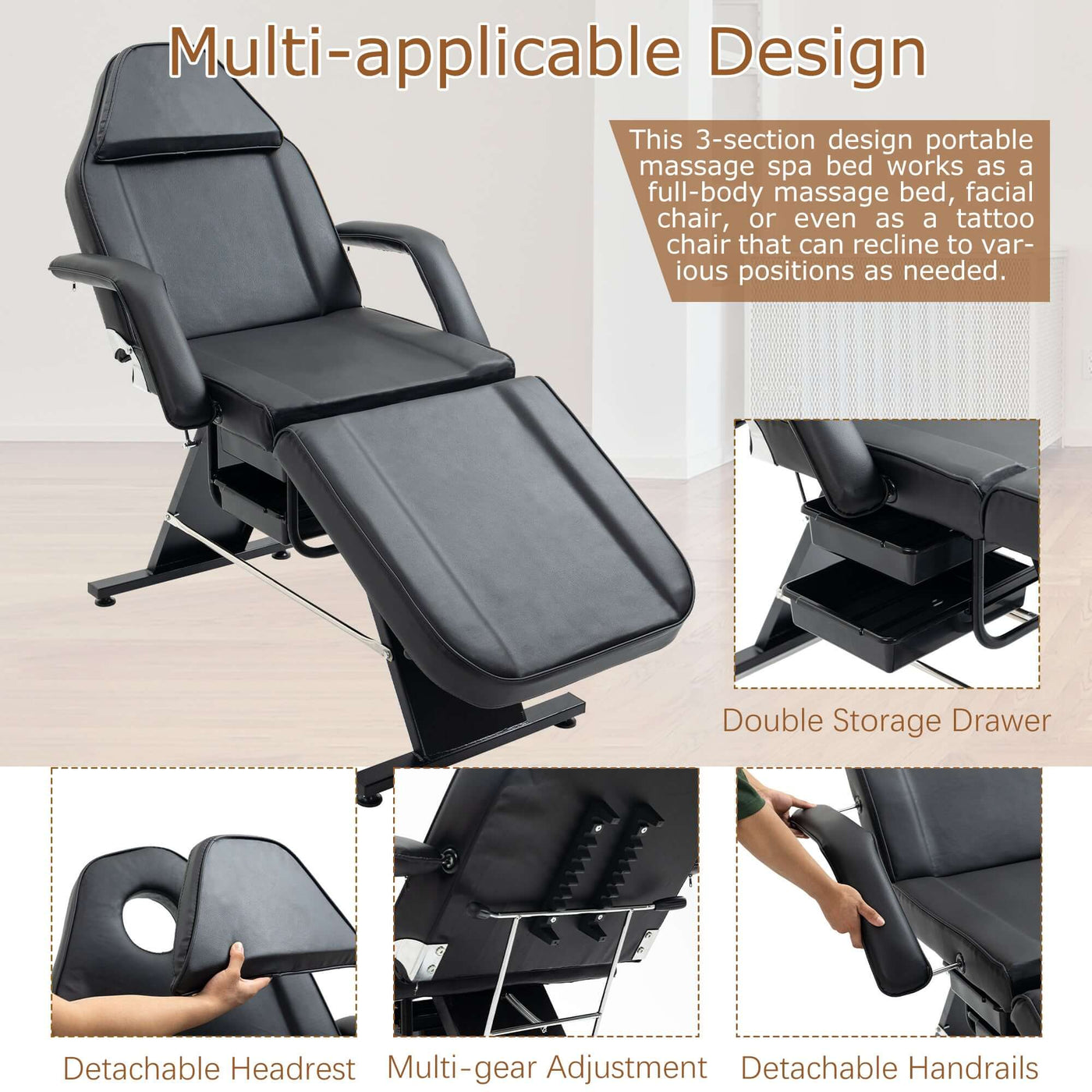 Metal Massage Salon Tattoo Chair with multi-applicable design and adjustable features for spa and tattoo services.