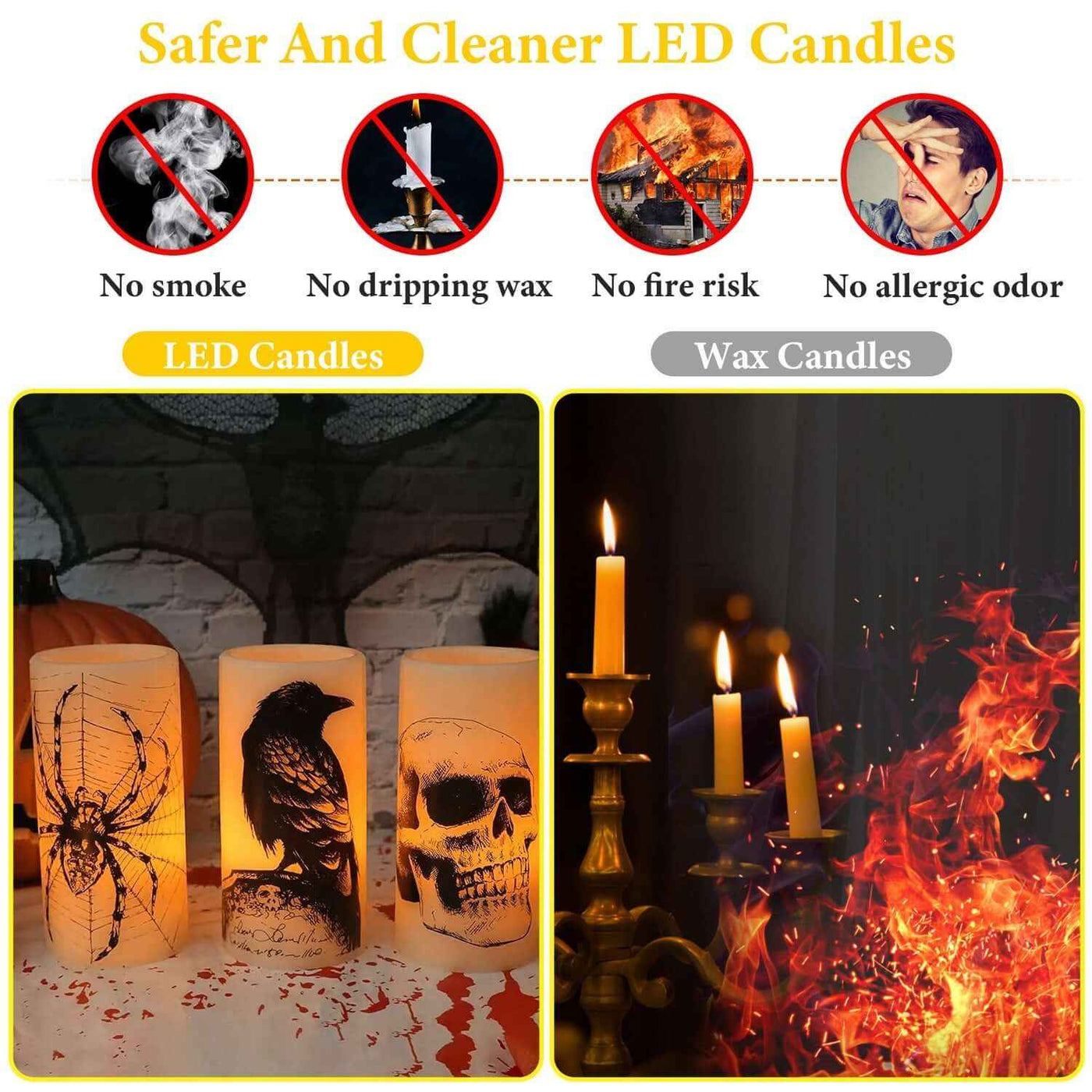3 Pack Halloween Flameless Candle Lamp With Timer Setting Battery Operated Warm Orange Light Candles For Halloween Party Decoration