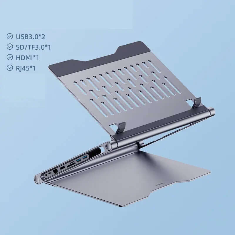 Lapstop Stand With 8-in-1 Docking Station showcasing USB, HDMI, and other ports for enhanced connectivity
