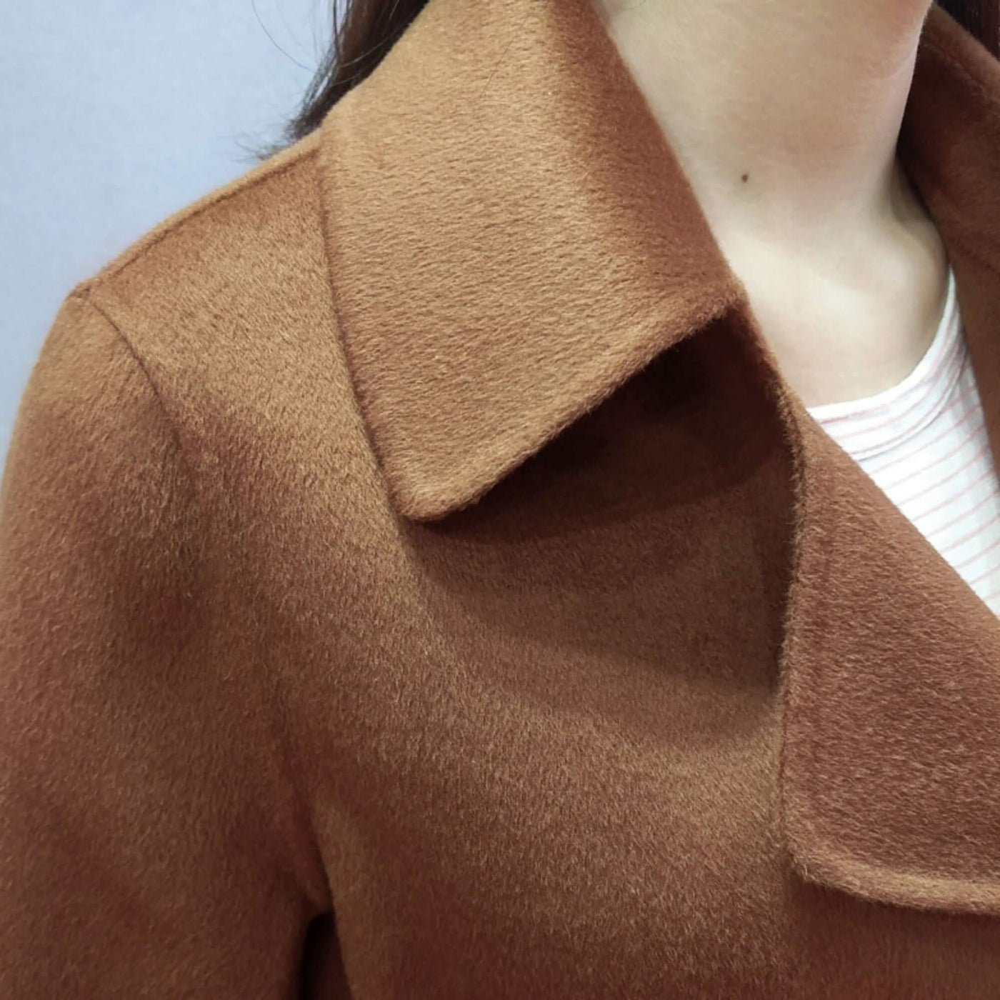 Fashionable Long Knee Length Woolen Jacket collar detail in caramel color