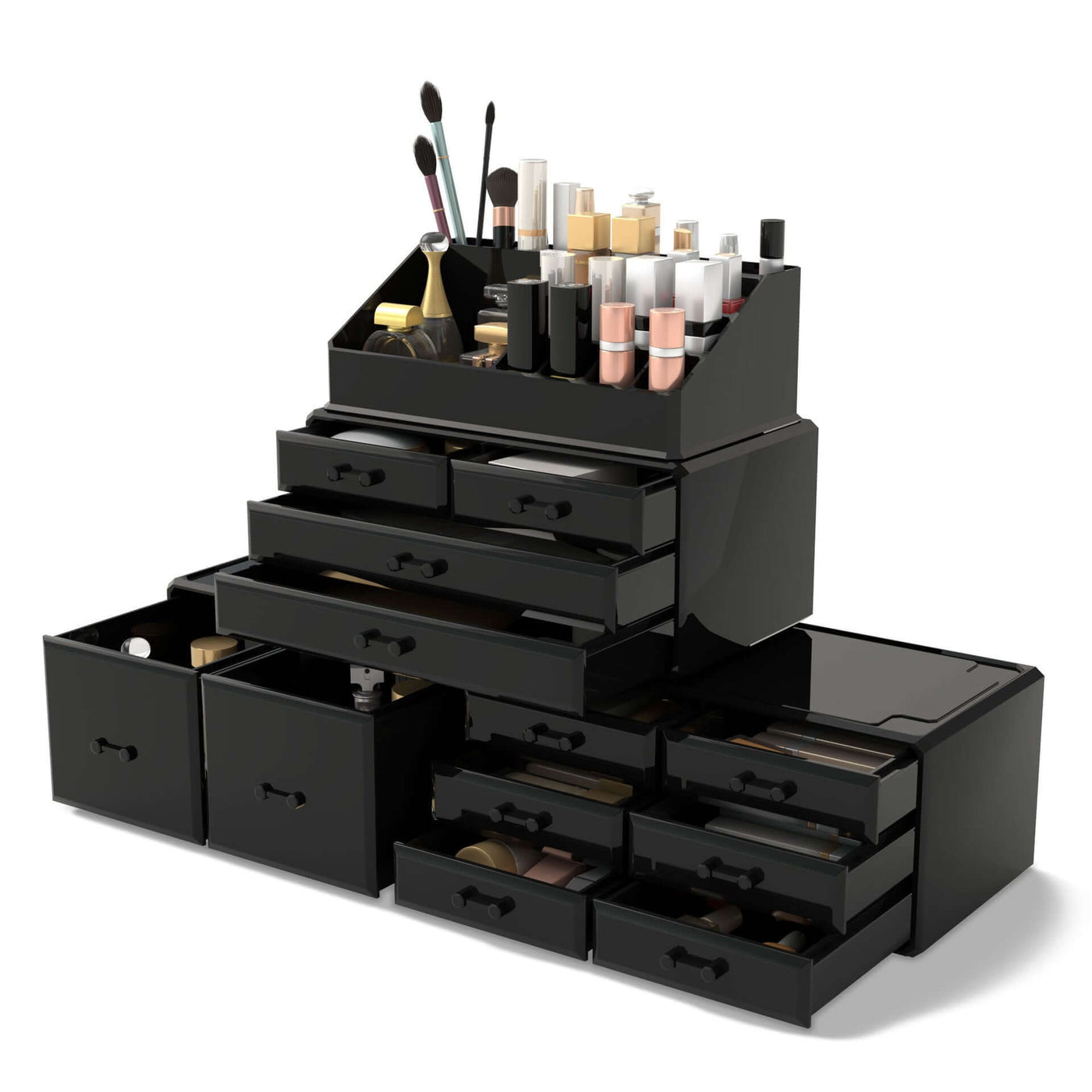 Household Fashion Cosmetics Storage Box in black, featuring multiple compartments for beauty products.