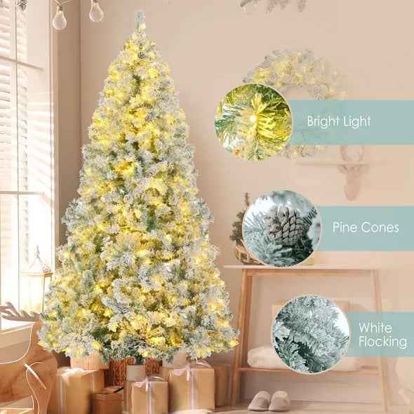 6FT Snow Flocked Christmas Tree  Pre Lit Set With Tree   Garland  Wreath,Artificial Hinged Xmas Tree With Colorful LED Lights8 Lighting Modes, Pine Cones