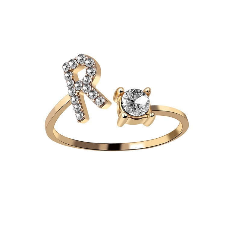 New Design Adjustable 26 Initial Letter Ring Fashion Jewelry For Women Simple Elegant Jewelry with diamond letter R.