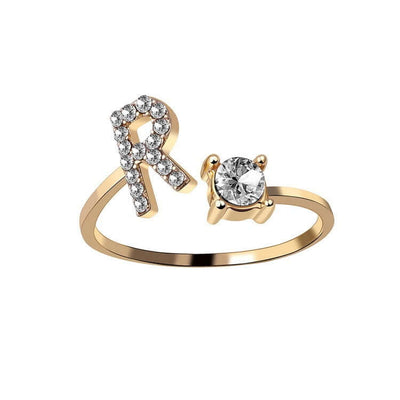 New Design Adjustable 26 Initial Letter Ring Fashion Jewelry For Women Simple Elegant Jewelry with diamond letter R.