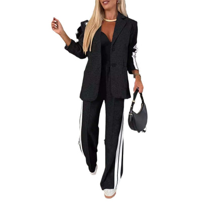 Women's Casual Suit Lapel Single-breasted Jacket And Striped Straight Pants Fashion Sports Trousers Suit Outerwears Clothing