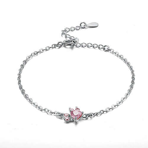 New Cat Bear Dog Paw Ring for Women Jewelry Sets featuring a silver bracelet with pink CZ stones.