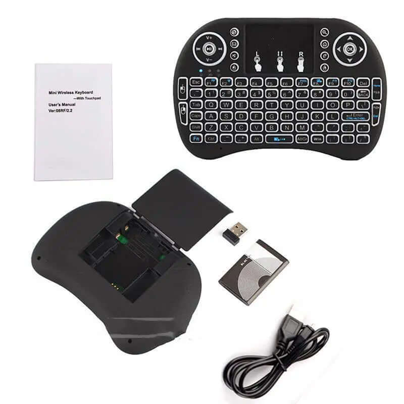 H9 Wireless Backlit Colorful Touch Remote Control Keyboard with USB receiver and manual.
