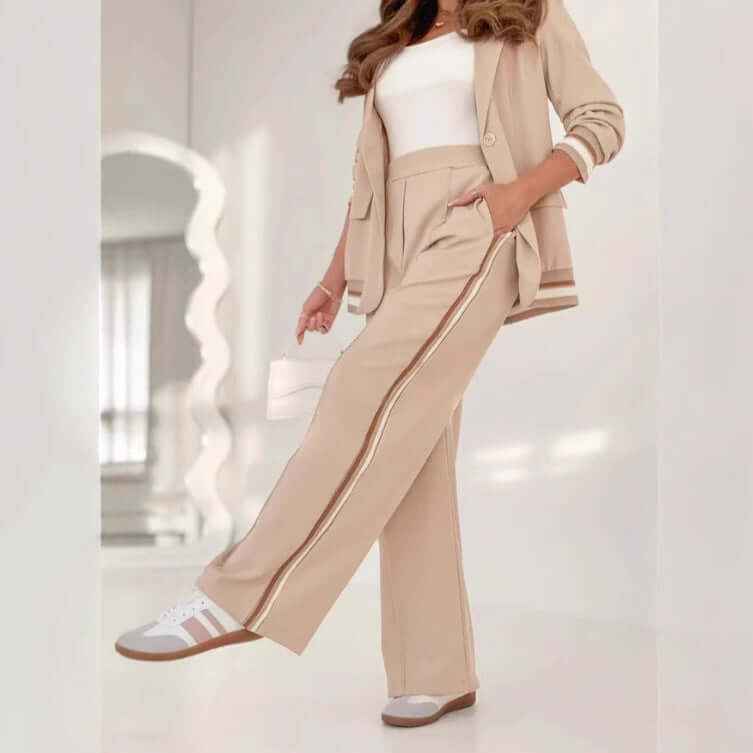 2 Pcs Set Women Suit Coat Pants Suit Lapel Long Sleeves Lady Jacket Wide Leg High Waist Trousers Female Commuting Office Outfit