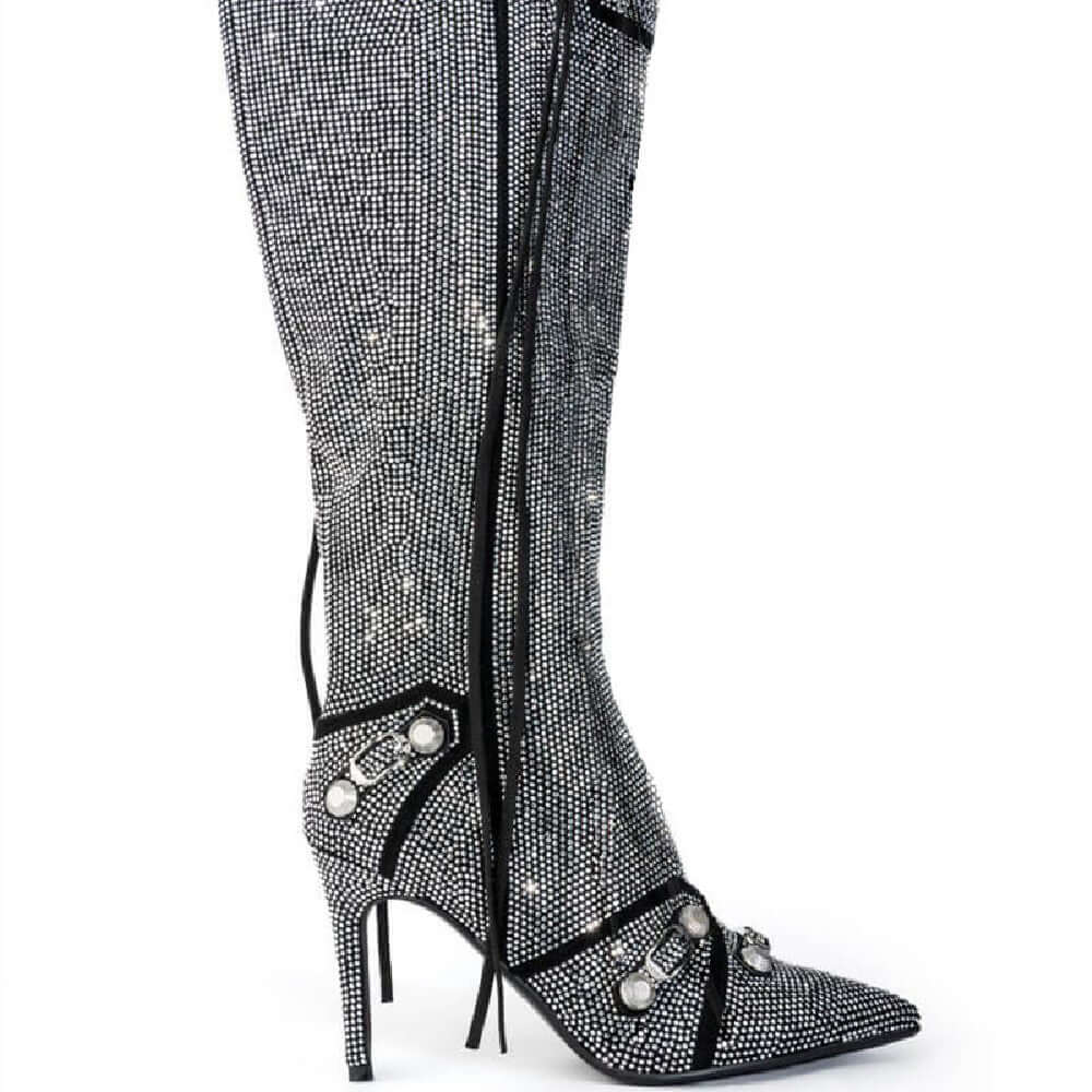 Needle Buckle Rhinestone Oversized Boots featuring a sleek design and sparkling rhinestones.