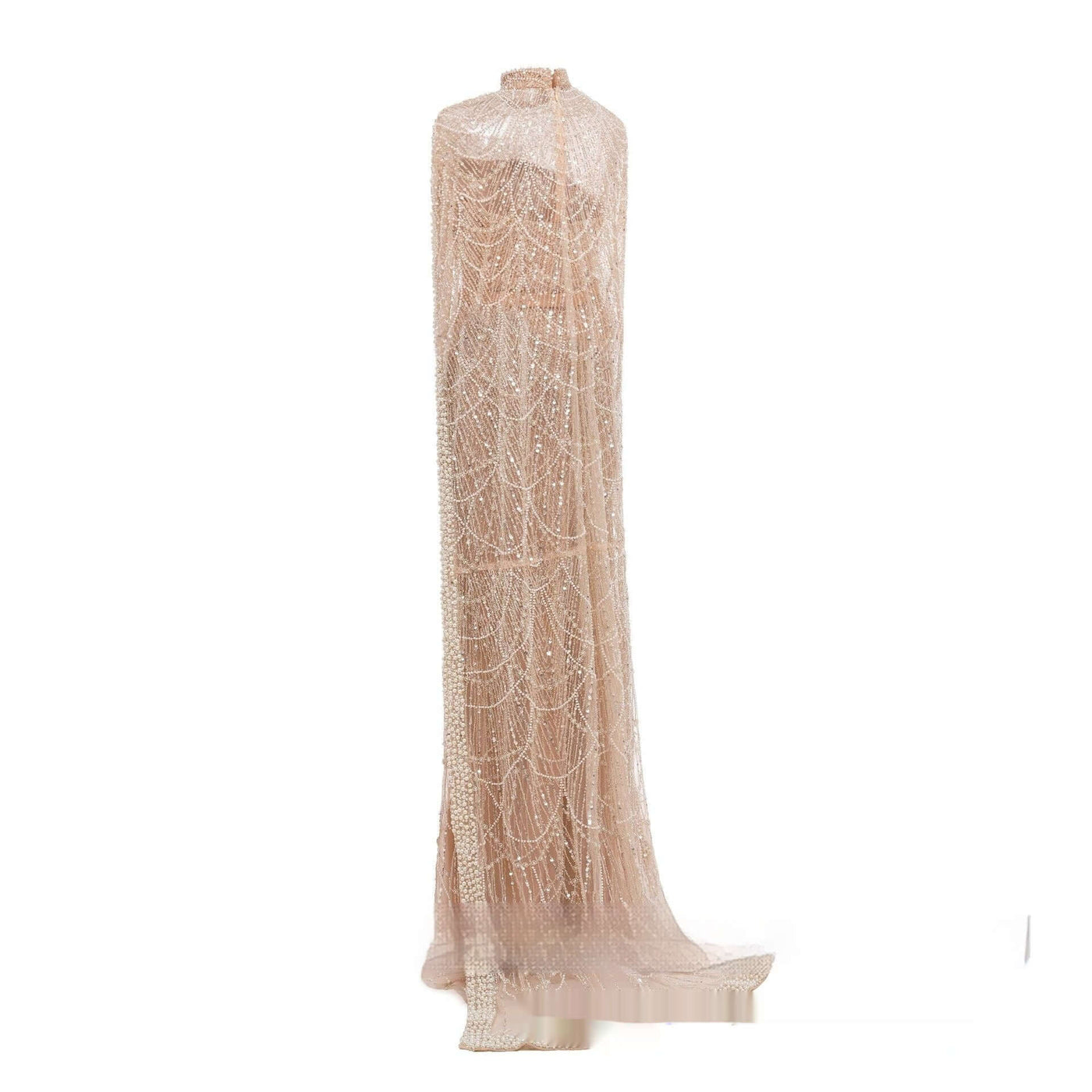 Pearl Embroidery Material Evening Party Dress in sheer pink fabric with elegant beading detail, perfect for adult women.