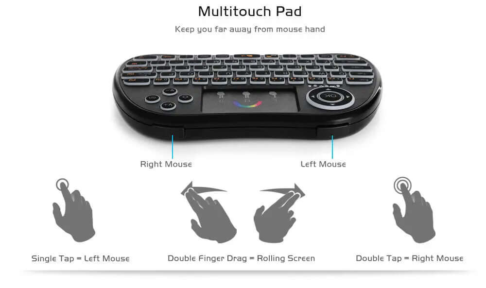 H9 Wireless Backlit Colorful Touch Remote Control Keyboard with multitouch pad and mouse controls