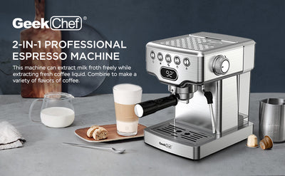 Geek Chef Espresso Machine, 20 Bar Espresso Machine With Milk Frother For Latte, Cappuccino, Macchiato, For Home Espresso Maker, 1.8L Water Tank, Stainless Steel, Ban On Amazon - Nexa Home