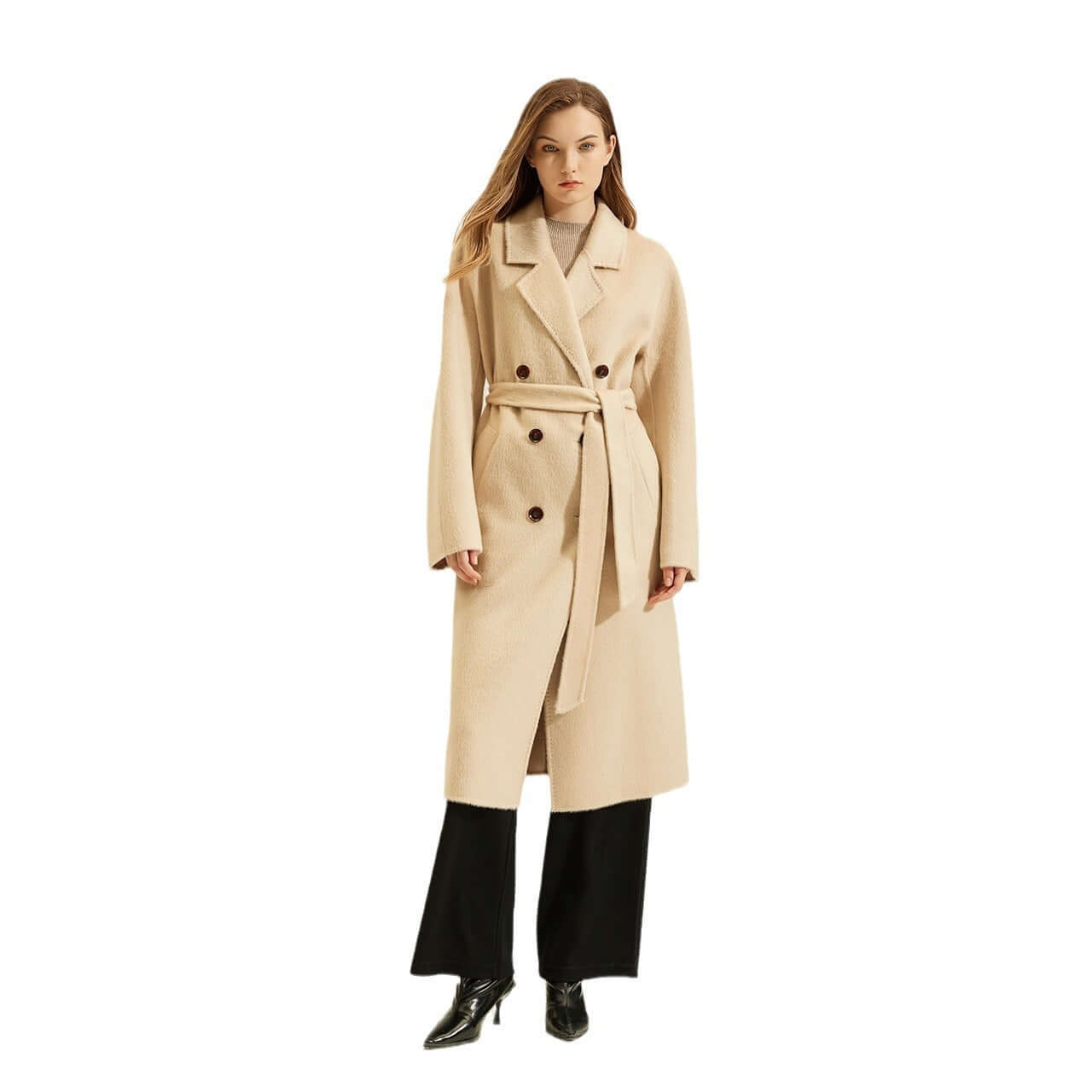 Women's Camel Coat Reversible Woolen Jacket displayed on a model wearing a stylish beige trench coat.