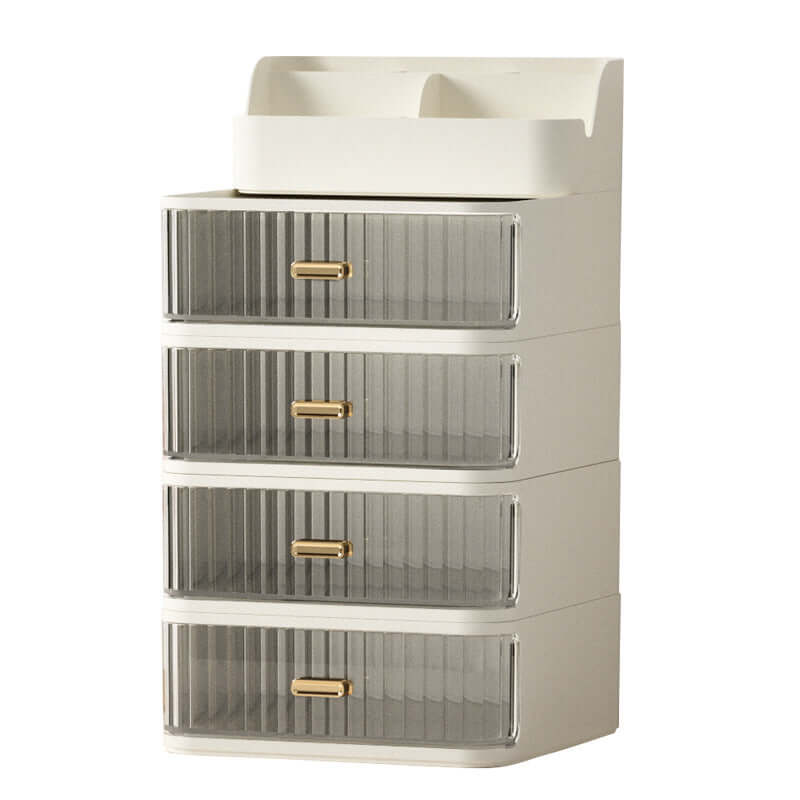 Desktop Drawer Cosmetics Storage Box with four transparent drawers and a top pen holder in elegant warm Milky White.