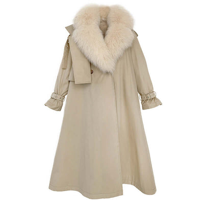 Women's Medium Length Detachable Trench Style Overcoat with rex rabbit hair collar