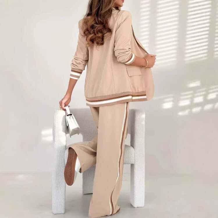 2 Pcs Set Women Suit Coat Pants Suit Lapel Long Sleeves Lady Jacket Wide Leg High Waist Trousers Female Commuting Office Outfit