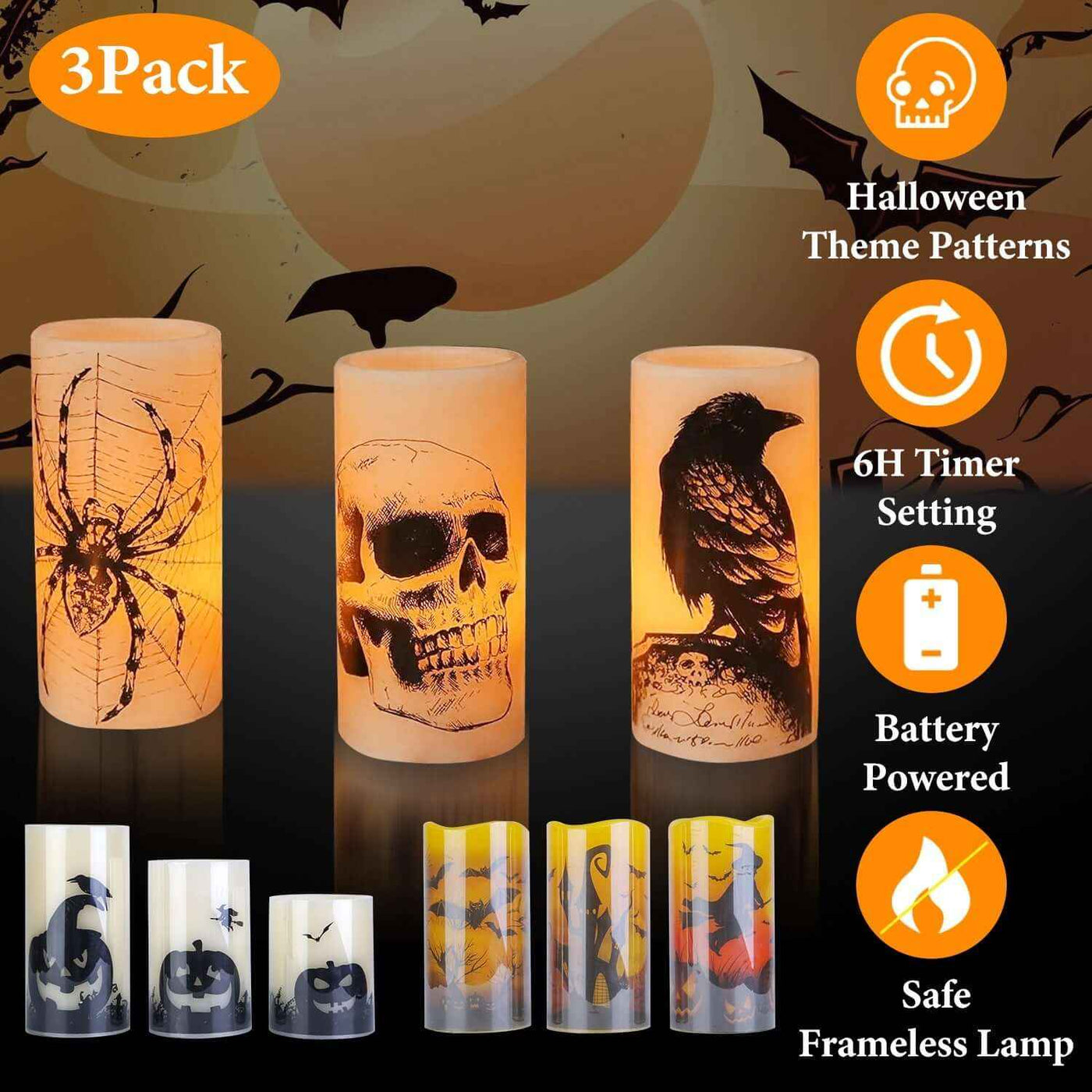 3 Pack Halloween Flameless Candle Lamp With Timer Setting Battery Operated Warm Orange Light Candles For Halloween Party Decoration