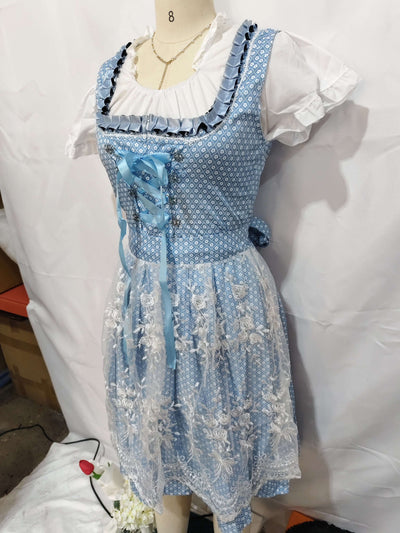 Halloween Munich Beer Long Short-sleeved Printed Lace-up Dress displayed on mannequin with blue floral design.