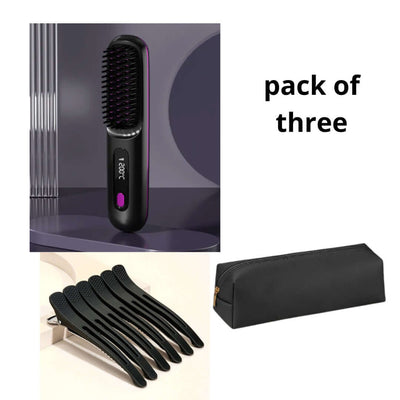 2 In 1 Straight Hair Comb Wireless Hair Straightener Brush Hair Fast Heating Portable Hot Curler USB Charging - pack of three
