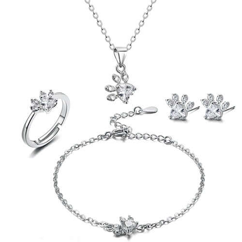 New Cat Bear Dog Paw Ring for Women Jewelry Sets featuring necklace, bracelet, earrings, and ring with white CZ stones.