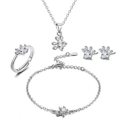 New Cat Bear Dog Paw Ring for Women Jewelry Sets featuring necklace, bracelet, earrings, and ring with white CZ stones.