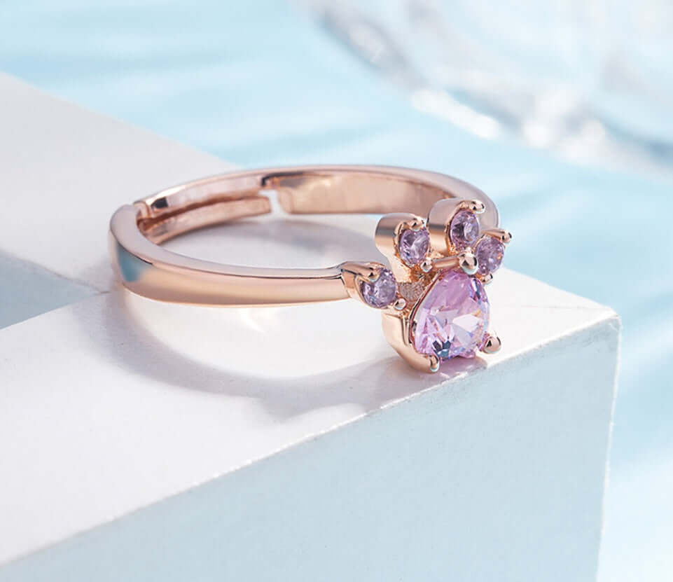 New Cat Bear Dog Paw Ring for Women Jewelry Sets with pink gemstone and paw design
