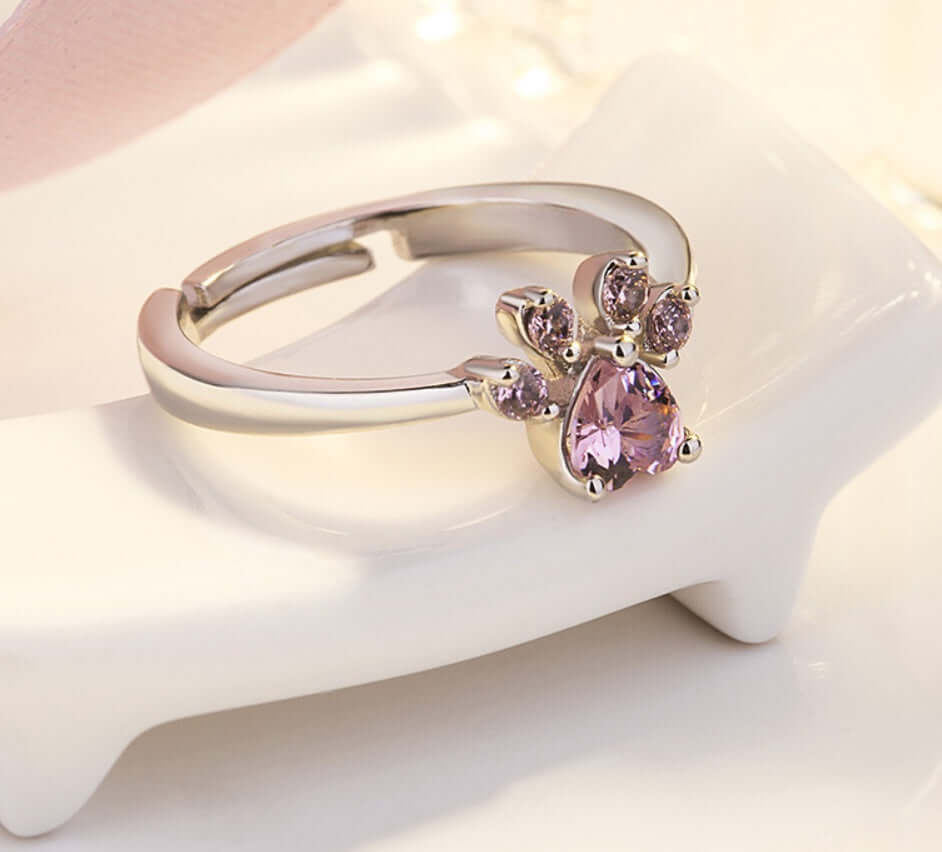 New Cat Bear Dog Paw Ring for Women Jewelry Sets with pink stones on a silver band display.