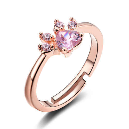 New Cat Bear Dog Paw Ring for Women Jewelry Sets featuring a rose gold paw design with pink CZ stones.
