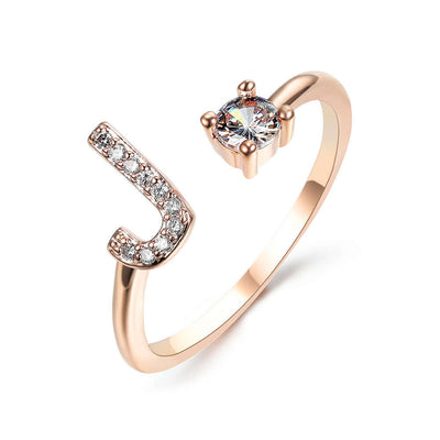 New Design Adjustable 26 Initial Letter Ring Fashion Jewelry For Women Simple Elegant Jewelry featuring letter J and zircon stone.