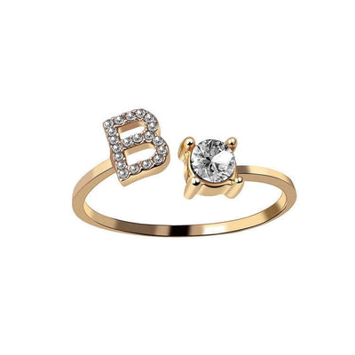 New Design Adjustable 26 Initial Letter Ring Fashion Jewelry For Women Simple Elegant Jewelry with letter B and zircon.