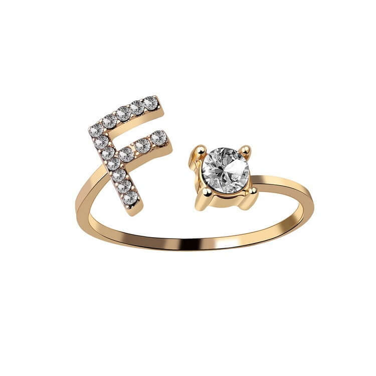 New Design Adjustable 26 Initial Letter Ring Fashion Jewelry For Women Simple Elegant Jewelry with rhinestone letter F.