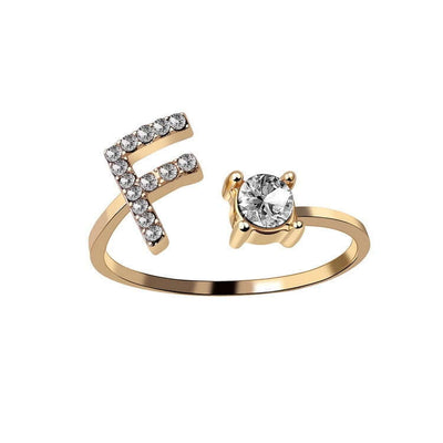 New Design Adjustable 26 Initial Letter Ring Fashion Jewelry For Women Simple Elegant Jewelry with rhinestone letter F.